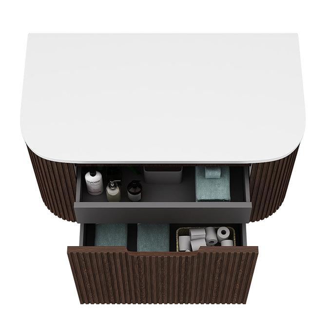 Arezzo Slatted 900mm Walnut Curved Wall Mounted Vanity with Round Matt White Basin