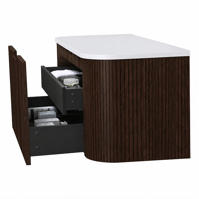 Arezzo Slatted 900mm Walnut Curved Wall Mounted Vanity with Round Matt White Basin