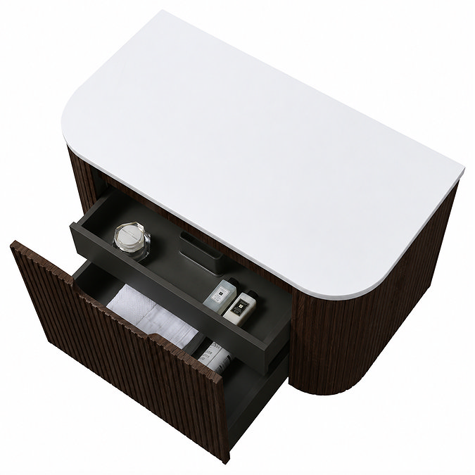 Arezzo Slatted 900mm Walnut Curved Wall Mounted Vanity with Round Matt White Basin