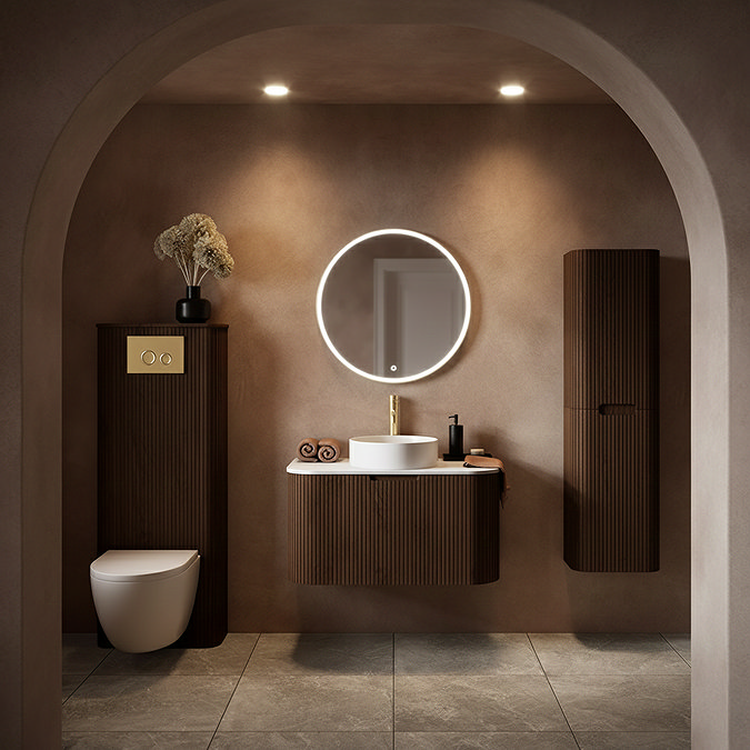 Arezzo Slatted 900mm Walnut Curved Wall Mounted Vanity with Round Matt White Basin
