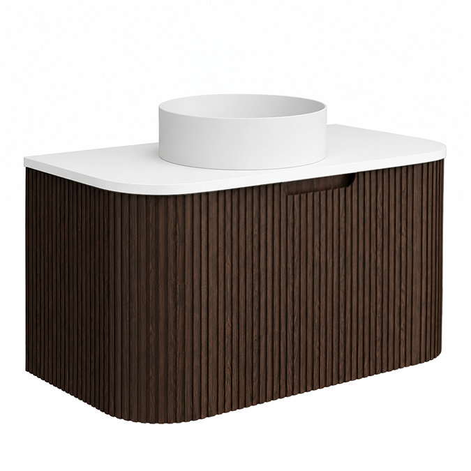 Arezzo Slatted 900mm Walnut Curved Wall Mounted Vanity with Round Matt White Basin
