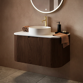 Arezzo Slatted 900mm Walnut Curved Wall Mounted Vanity with Round Matt White Basin