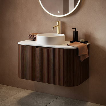 Arezzo Slatted 900mm Walnut Curved Wall Mounted Vanity with Round Matt White Basin