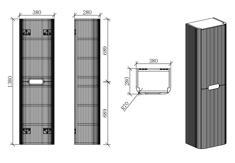 Arezzo Slatted Curved Wall Hung Tall Storage Unit - 1380mm High, Light Oak