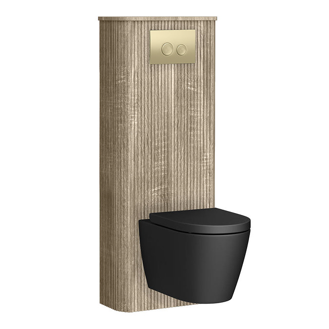 Arezzo Slatted Light Oak Tall WC Unit with Cistern Frame, Brushed Brass Flush Plate & Black Wall Hung Pan