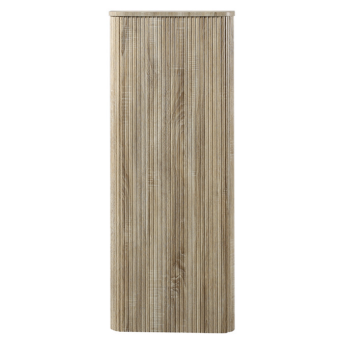 Arezzo Slatted Light Oak Tall WC Unit with Cistern Frame, Brushed Brass Flush Plate & Black Wall Hung Pan