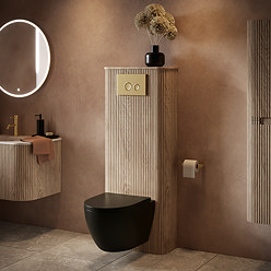 Arezzo Slatted Light Oak Tall WC Unit with Cistern Frame, Brushed Brass Flush Plate & Black Wall Hung Pan