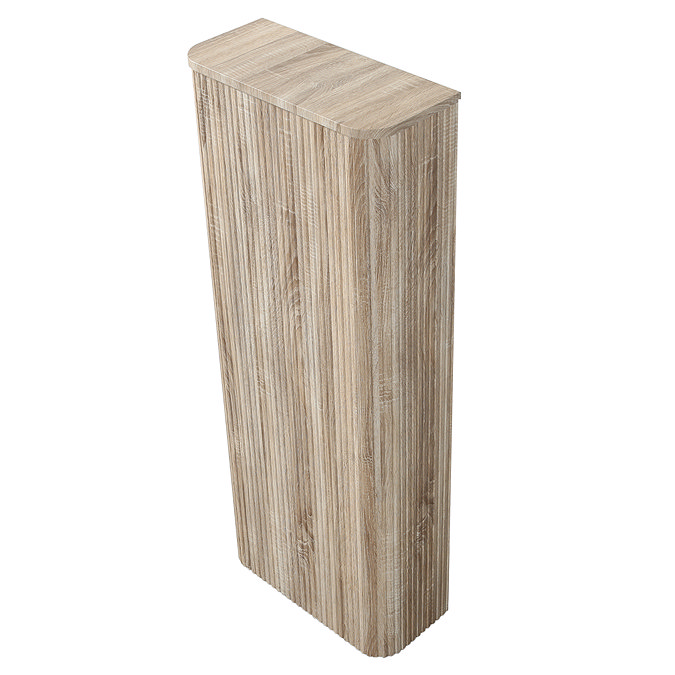 Arezzo Slatted Light Oak Tall WC Unit with Cistern Frame, Brushed Brass Flush Plate & White Wall Hung Pan