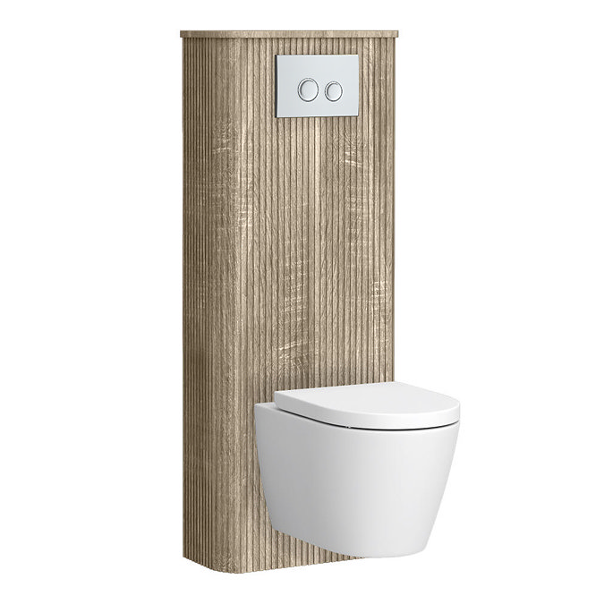 Arezzo Slatted Light Oak Tall WC Unit with Cistern Frame, Chrome Flush Plate & White Wall Hung Pan