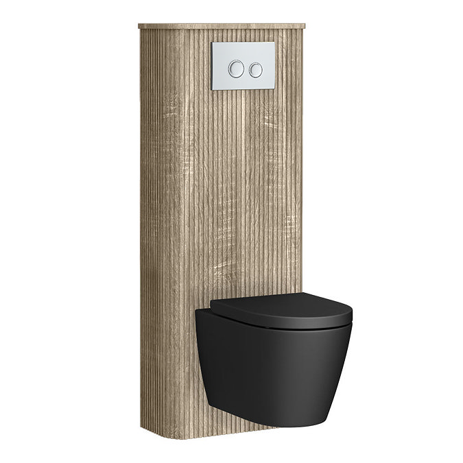 Arezzo Slatted Light Oak Tall WC Unit with Cistern Frame, Chrome Flush Plate & Black Wall Hung Pan