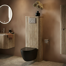 Arezzo Slatted Light Oak Tall WC Unit with Cistern Frame, Chrome Flush Plate & Black Wall Hung Pan