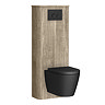 Arezzo Slatted Light Oak Tall WC Unit with Cistern Frame, Matt Black Flush Plate & Black Wall Hung Pan