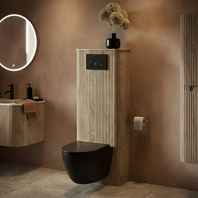 Arezzo Slatted Light Oak Tall WC Unit with Cistern Frame, Matt Black Flush Plate & Black Wall Hung Pan