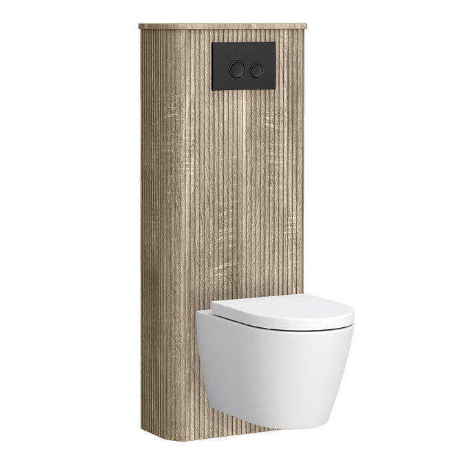 Arezzo Slatted Light Oak Tall WC Unit with Cistern Frame, Matt Black Flush Plate & White Wall Hung Pan