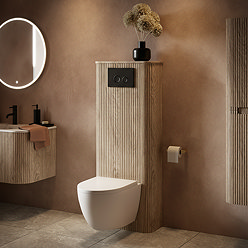 Arezzo Slatted Light Oak Tall WC Unit with Cistern Frame, Matt Black Flush Plate & White Wall Hung Pan