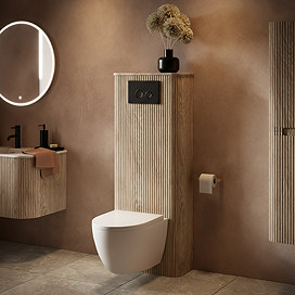 Arezzo Slatted Light Oak Tall WC Unit with Cistern Frame, Matt Black Flush Plate & White Wall Hung Pan