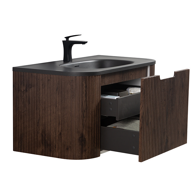 Arezzo Slatted Walnut 900 Wall Mounted Curved Vanity Unit with Matt Black Basin