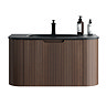 Arezzo Slatted Walnut 900 Wall Mounted Curved Vanity Unit with Matt Black Basin