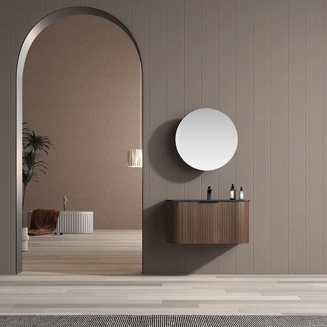 Arezzo Slatted Walnut 900 Wall Mounted Curved Vanity Unit with Matt Black Basin