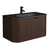 Arezzo 900mm Slatted Walnut Wall Mounted Curved Vanity Unit with Matt Black Basin