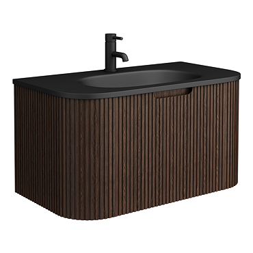 Arezzo Slatted Walnut 900 Wall Mounted Curved Vanity Unit with Matt Black Basin