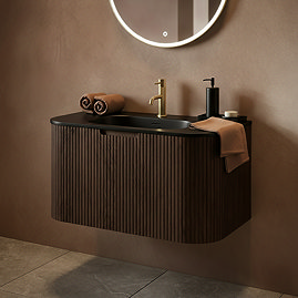Arezzo 900mm Slatted Walnut Wall Mounted Curved Vanity Unit with Matt Black Basin