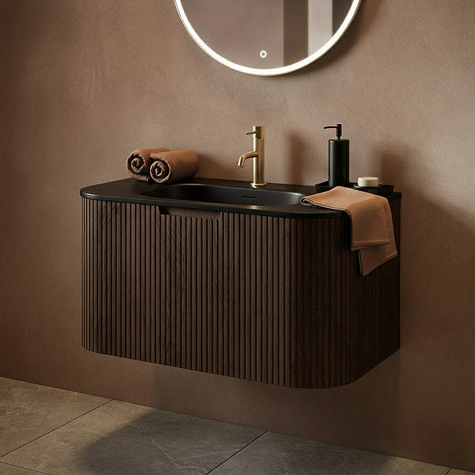 Arezzo 900mm Slatted Walnut Wall Mounted Curved Vanity Unit with Matt Black Basin