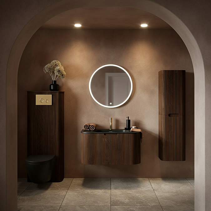 Arezzo Slatted Walnut Tall WC Unit with Cistern Frame, Brushed Brass Flush Plate & Matt Black Wall Hung Pan