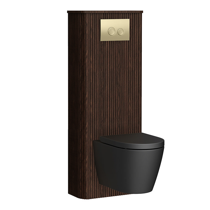 Arezzo Slatted Walnut Tall WC Unit with Cistern Frame, Brushed Brass Flush Plate & Matt Black Wall Hung Pan