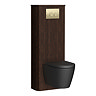 Arezzo Slatted Walnut Tall WC Unit with Cistern Frame, Brushed Brass Flush Plate & Matt Black Wall Hung Pan