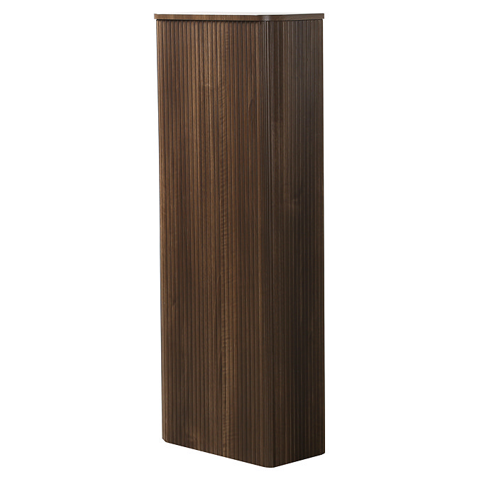 Arezzo Slatted Walnut Tall WC Unit with Cistern Frame, Brushed Brass Flush Plate & Matt Black Wall Hung Pan