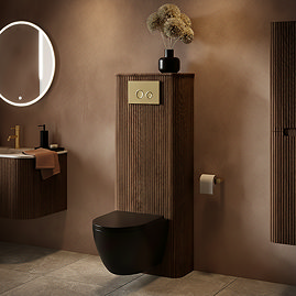Arezzo Slatted Walnut Tall WC Unit with Cistern Frame, Brushed Brass Flush Plate & Matt Black Wall Hung Pan