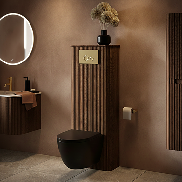 Arezzo Slatted Walnut Tall WC Unit with Cistern Frame, Brushed Brass Flush Plate & Matt Black Wall Hung Pan