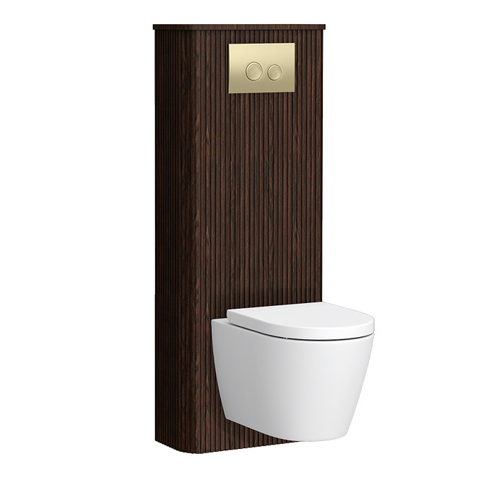 Arezzo Slatted Walnut Tall WC Unit with Cistern Frame, Brushed Brass Flush Plate & White Wall Hung Pan