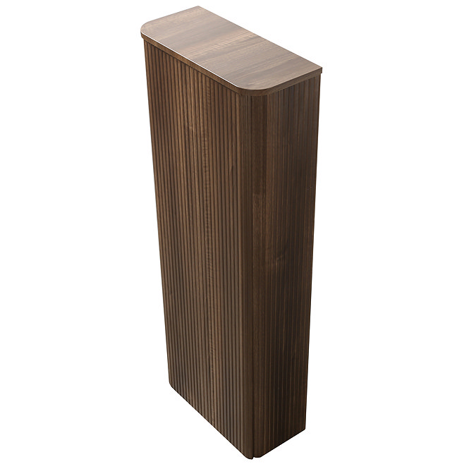 Arezzo Slatted Walnut Tall WC Unit with Cistern Frame, Brushed Brass Flush Plate & White Wall Hung Pan