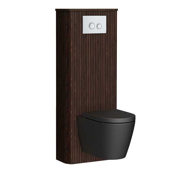 Arezzo Slatted Walnut Tall WC Unit with Cistern Frame, Chrome Flush Plate & Black Wall Hung Pan