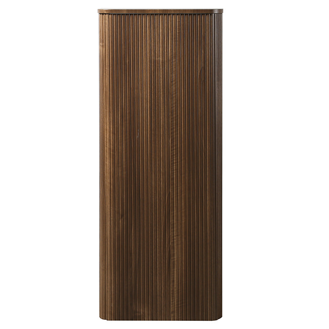 Arezzo Slatted Walnut Tall WC Unit with Cistern Frame, Chrome Flush Plate & Matt Black Wall Hung Pan