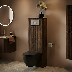 Arezzo Slatted Walnut Tall WC Unit with Cistern Frame, Chrome Flush Plate & Black Wall Hung Pan