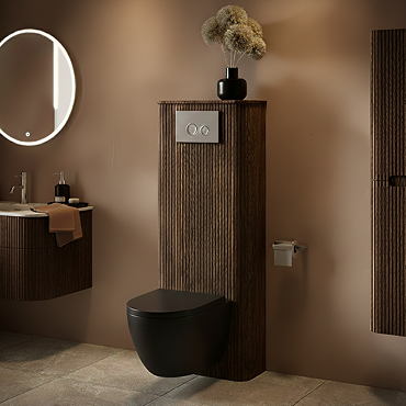 Arezzo Slatted Walnut Tall WC Unit with Cistern Frame, Chrome Flush Plate & Matt Black Wall Hung Pan