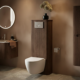 Arezzo Slatted Walnut Tall WC Unit with Cistern Frame, Chrome Flush Plate & White Wall Hung Pan