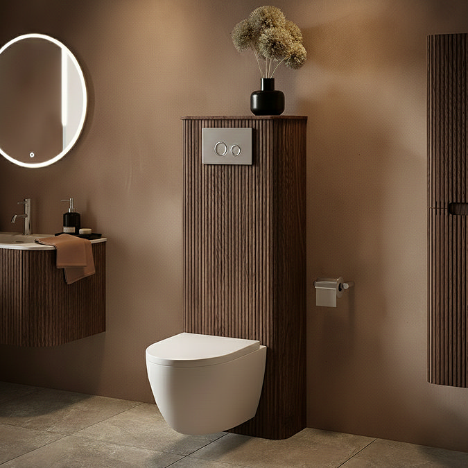 Arezzo Slatted Walnut Tall WC Unit with Cistern Frame, Chrome Flush Plate & White Wall Hung Pan
