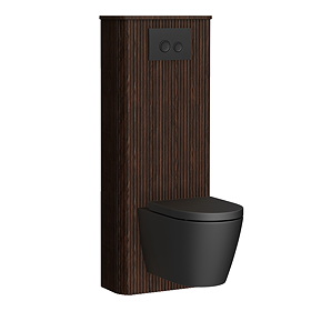 Arezzo Slatted Walnut Tall WC Unit with Cistern Frame, Matt Black Flush Plate & Black Wall Hung Pan