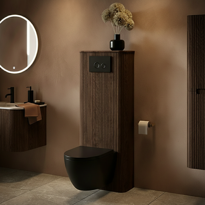 Arezzo Slatted Walnut Tall WC Unit with Cistern Frame, Matt Black Flush Plate & Black Wall Hung Pan