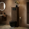 Arezzo Slatted Walnut Tall WC Unit with Cistern Frame, Matt Black Flush Plate & Black Wall Hung Pan