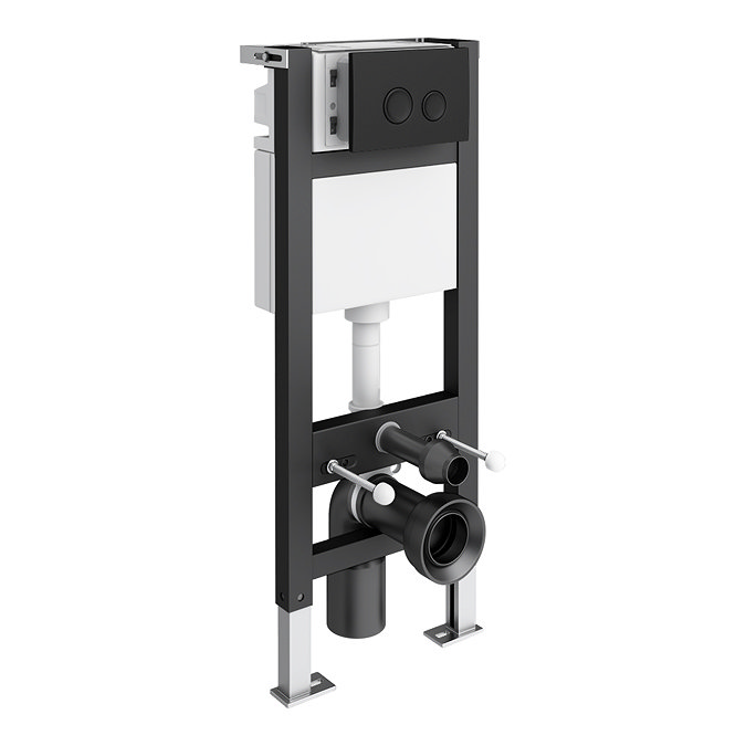 Arezzo Slatted Walnut Tall WC Unit with Cistern Frame, Matt Black Flush Plate & White Wall Hung Pan