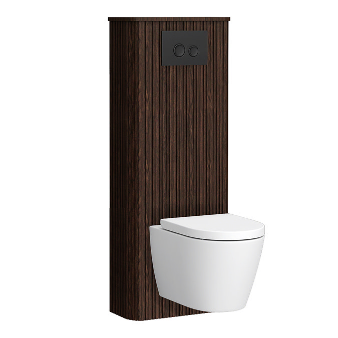 Arezzo Slatted Walnut Tall WC Unit with Cistern Frame, Matt Black Flush Plate & White Wall Hung Pan