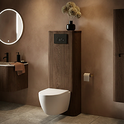 Arezzo Slatted Walnut Tall WC Unit with Cistern Frame, Matt Black Flush Plate & White Wall Hung Pan