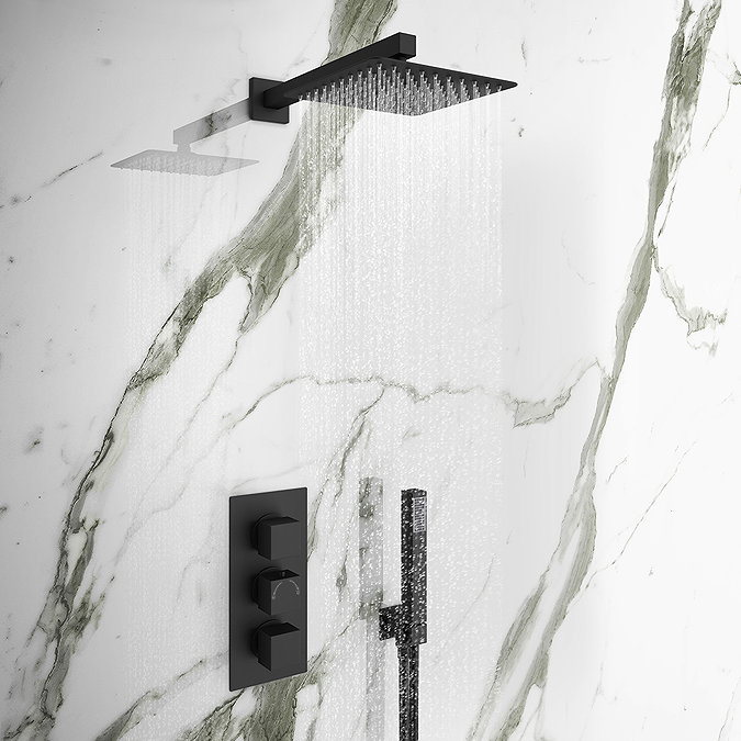 Arezzo Square 200 x 200mm Matt Black Fixed Shower Head + Wall Mounted Arm  Feature Large Image