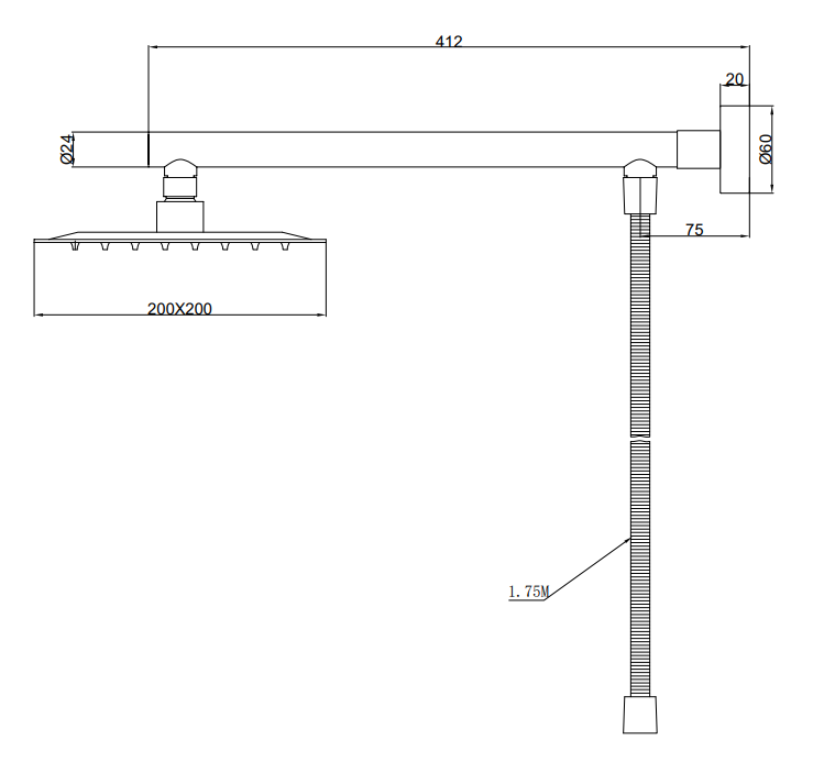 Arezzo Square 200mm Matt Black Slim Rainfall Shower Head with 1.75m Flexible Hose