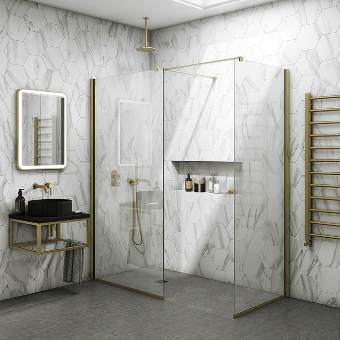 Arezzo Square Brushed Brass Frameless 10mm Wetroom Screen with Wall Mounted Arm